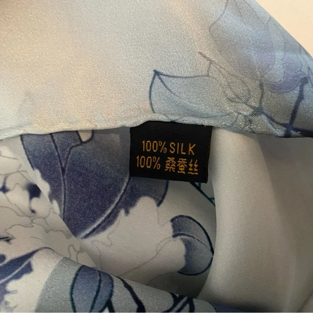 100% Silk Hand Stitched Floral Blue and Gray Oblong Scarf